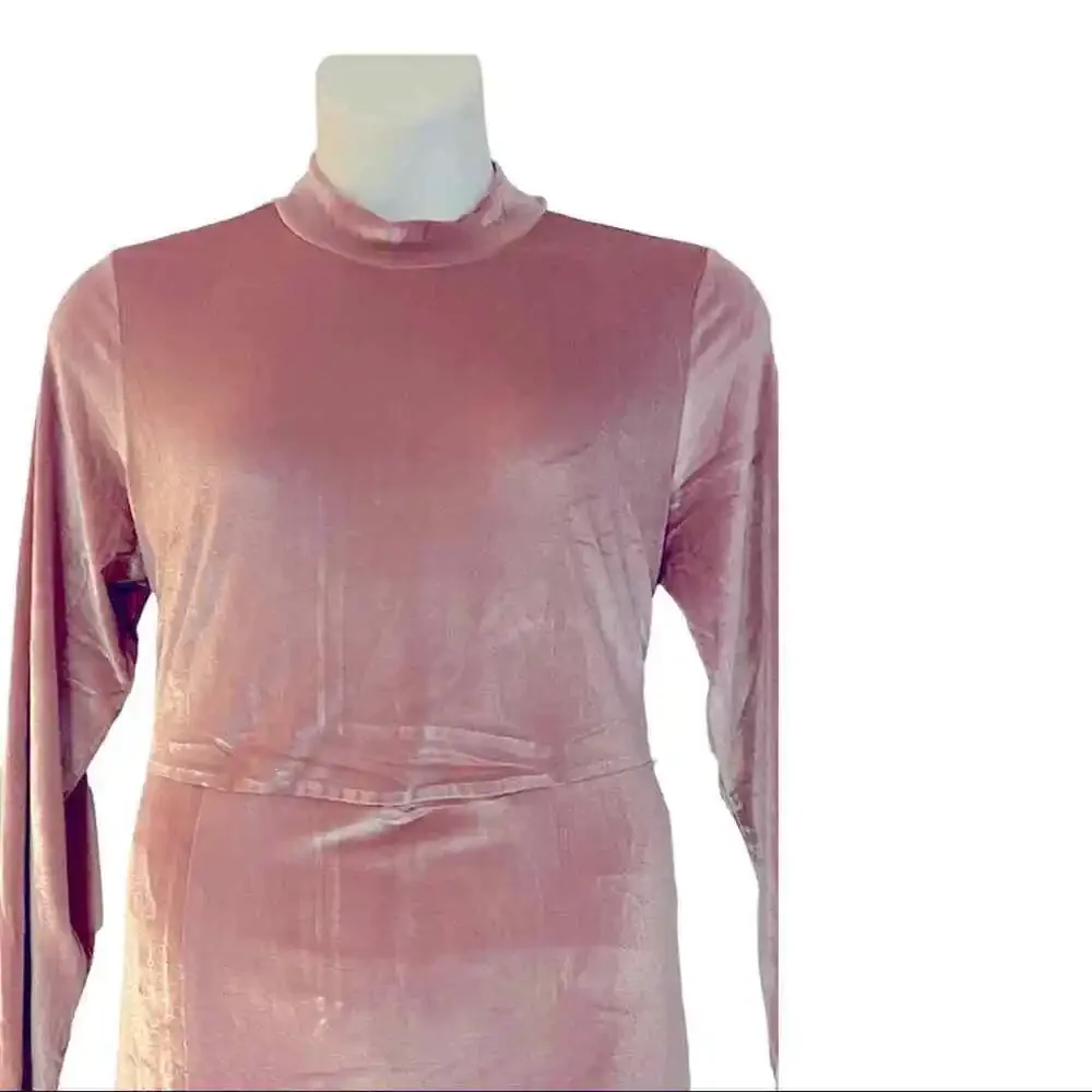 ASHRO Velour Stretchy Midi Blush Pink Dress Mock Neck Office Dinner Party Guest - Picture 3 of 10